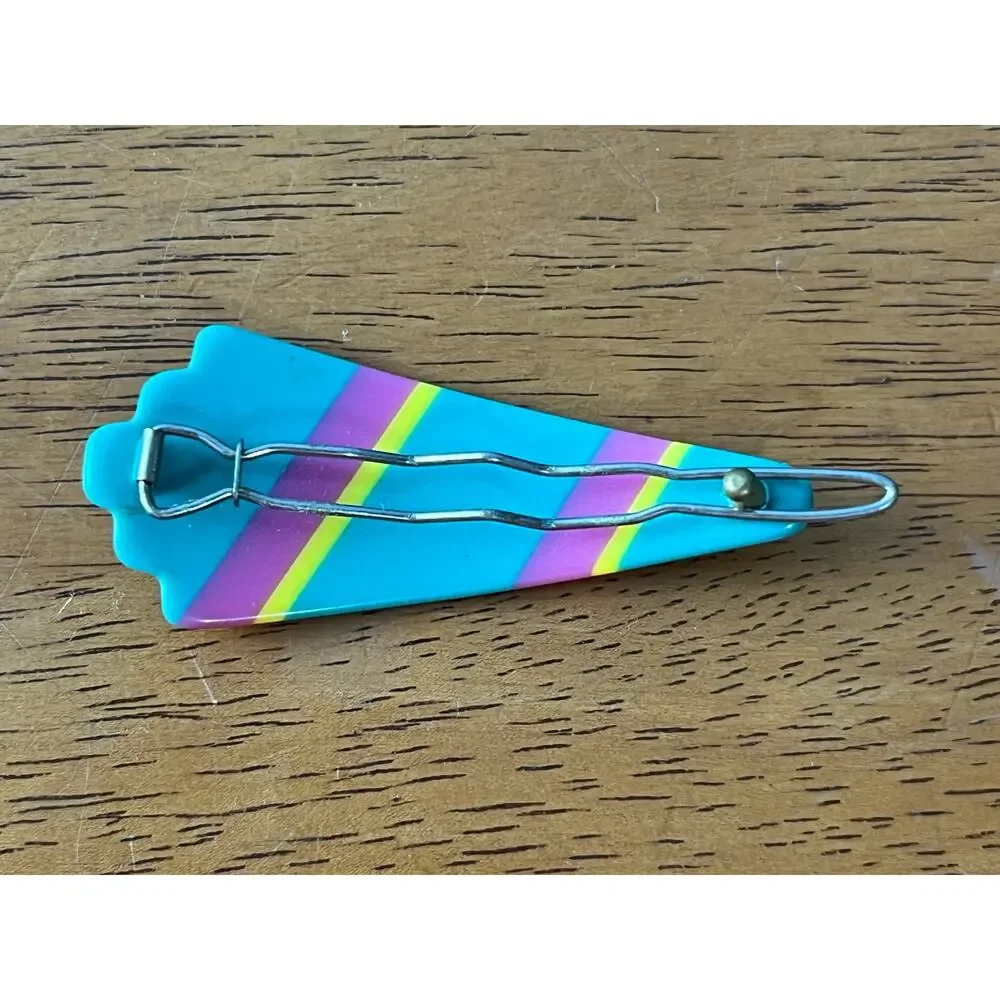 VTG 80s 90s Neon Stripe Plastic Hair Barrette French Clip Teal Pink Retro